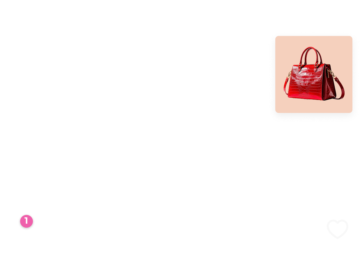 Red crocodile-patterned leather handbag with handles and shoulder strap on a beige background.