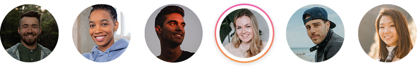 Row of six circular headshots showing diverse smiling young adults, the fourth image highlighted with a colorful ring.
