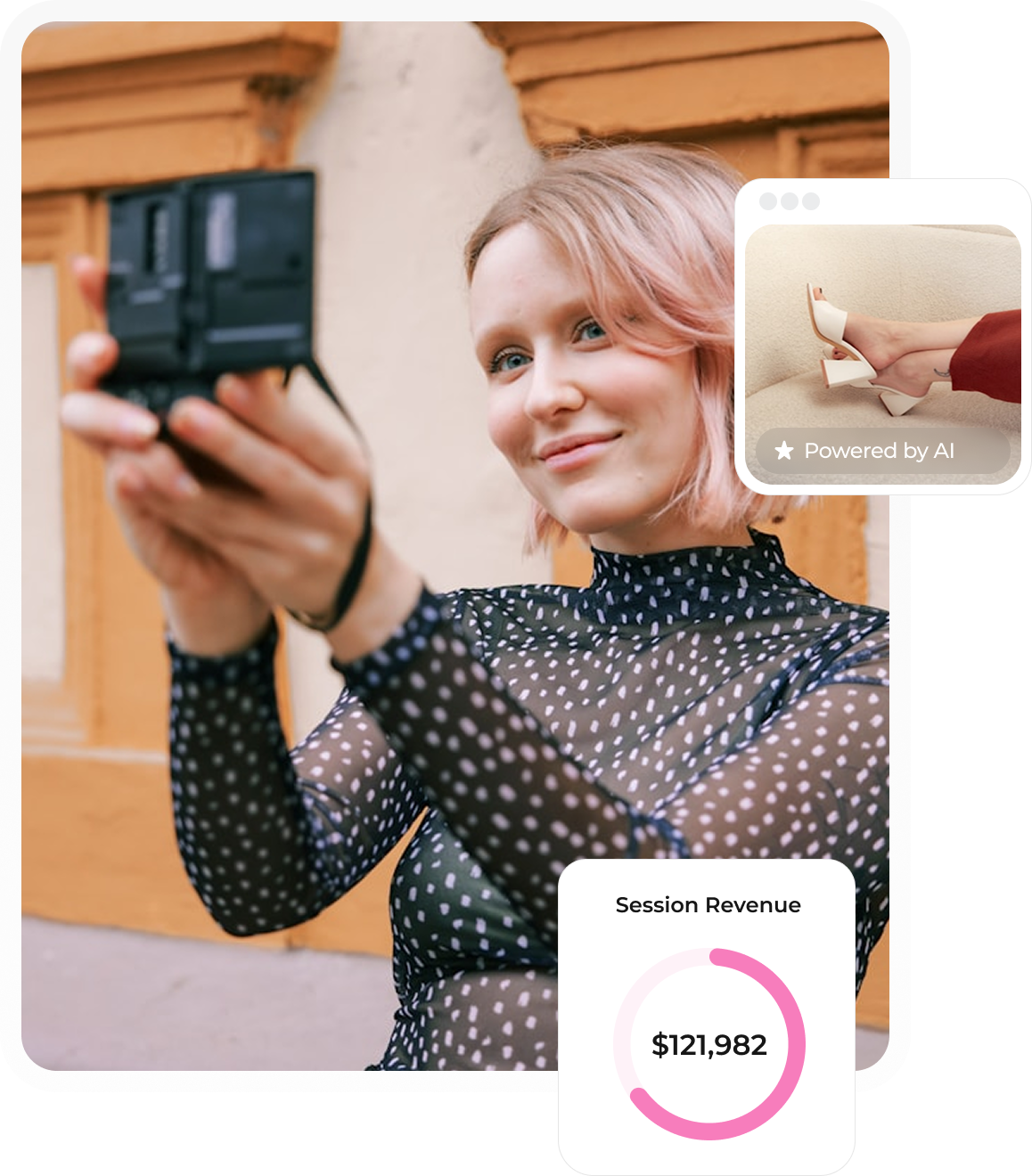 Young woman with short pink hair taking a selfie with a vintage camera in front of a yellow building.