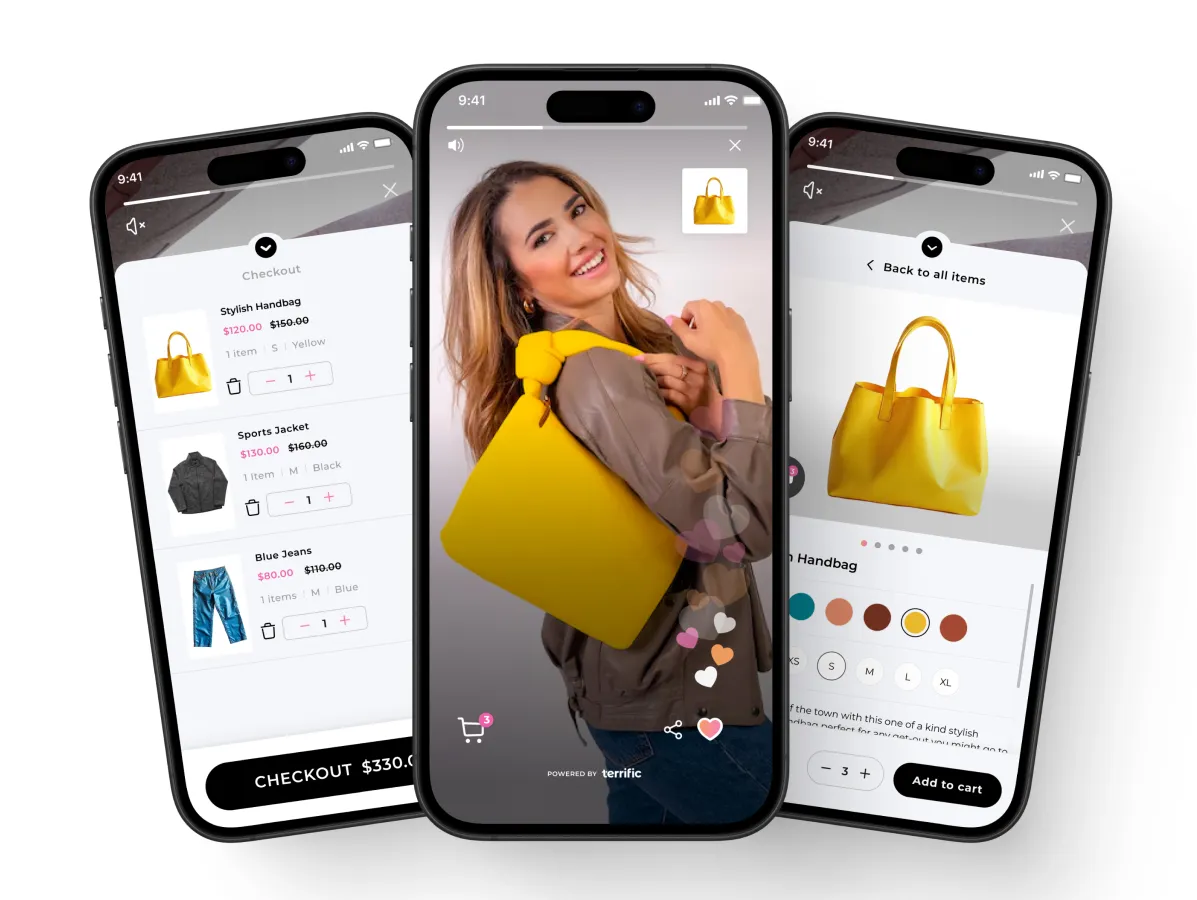 Three smartphones displaying an online shopping app featuring a yellow handbag; center phone shows a woman smiling with the handbag over her shoulder.