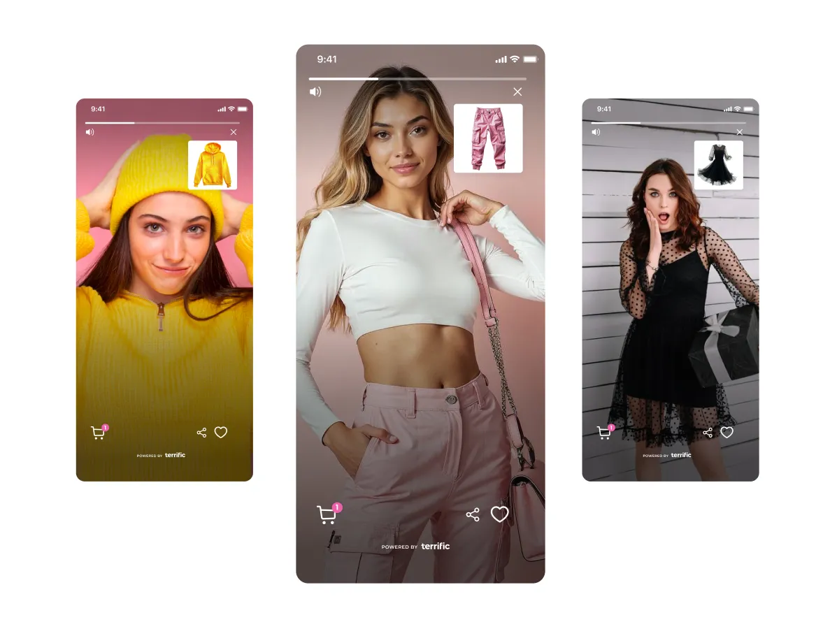 Three smartphone screens showing young women modeling different outfits with shopping cart and share icons, highlighting a yellow hoodie, pink pants, and a black dress.