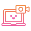 Pink video call icon showing a computer screen with a play button and chat bubbles.